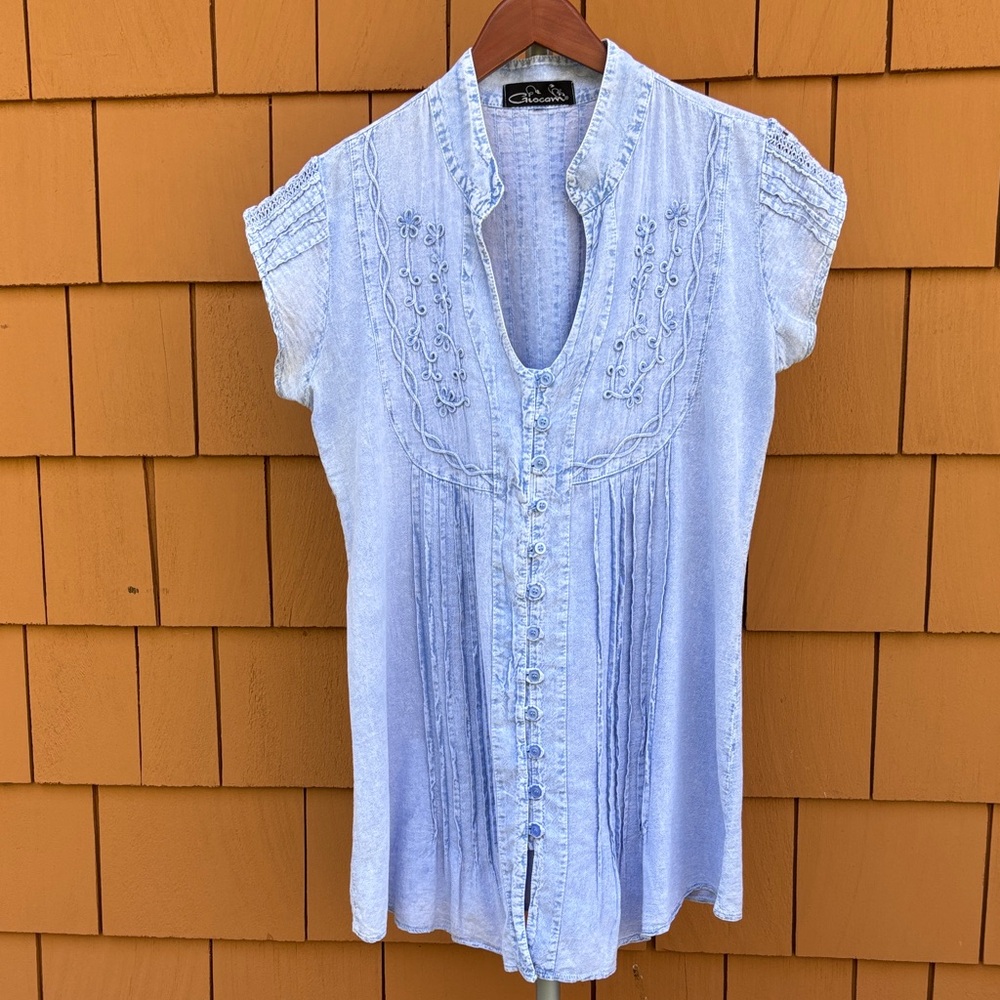 GIOCAM | Blue Feminine Boho Chic Cottagecore Cotton Tunic Cover Up | Size S